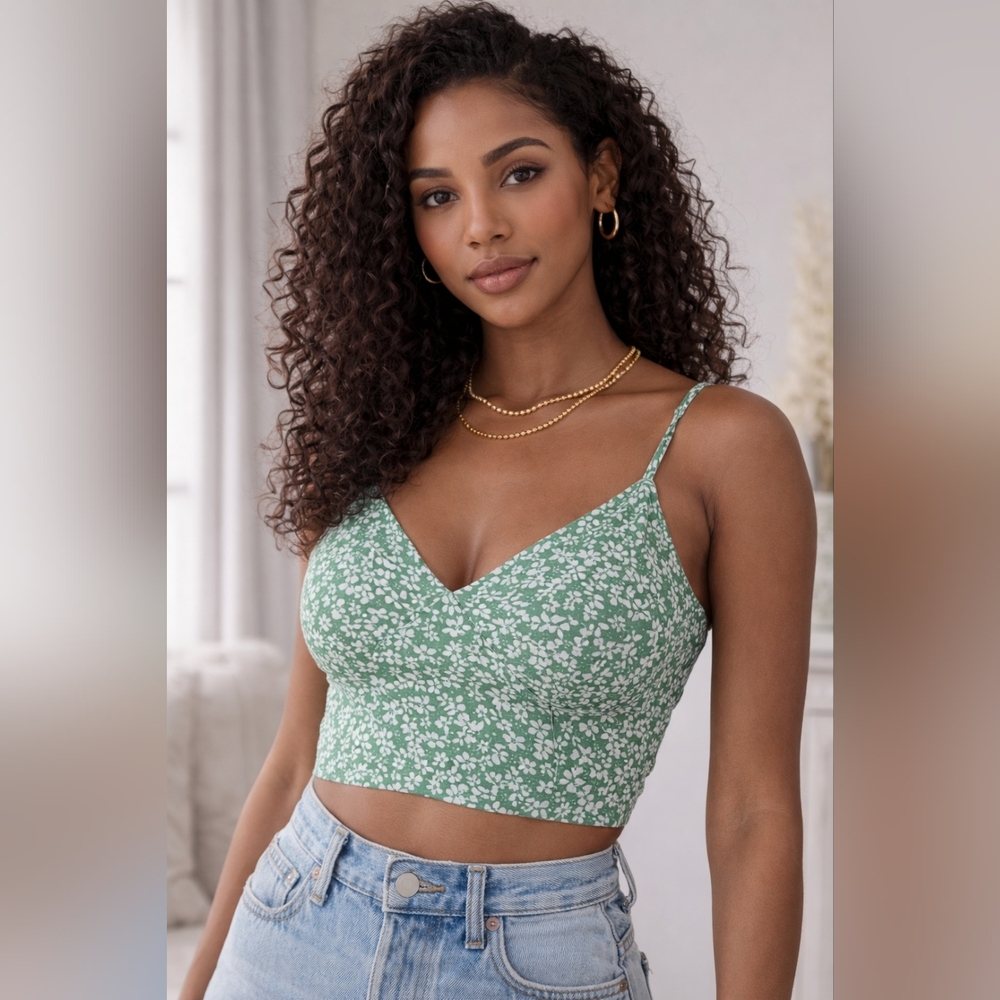 🌿 Lulus Green Floral Crop Top Medium